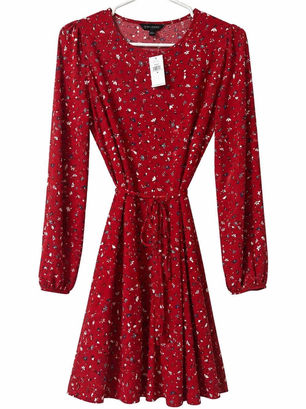 Banana Republic Red Floral Tie-Waist Long Sleeve Dress